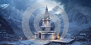 image of Indian temple Kedarnath in snow fall