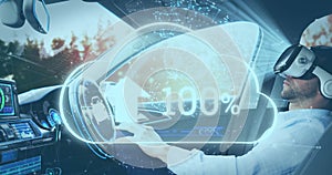 Image of information displays and cloud icon with man in vr headset using self driving car