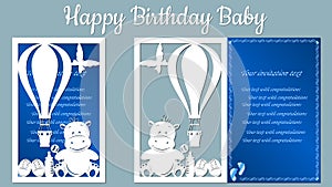 The image with the inscription-Happy birthday. Template with vector illustration of toys. For laser cutting, plotter and silkscree