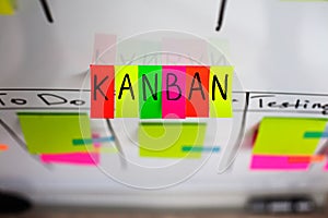 Image of inscription kanban system colored stickers on a white background.