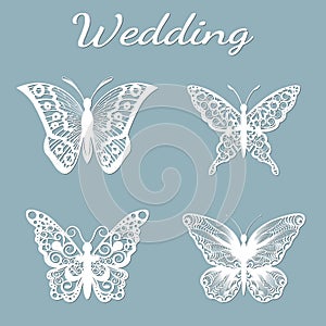 Image with the inscription-wedding. Template with vector illustration of butterflies. For laser cutting, plotter and silkscreen pr photo