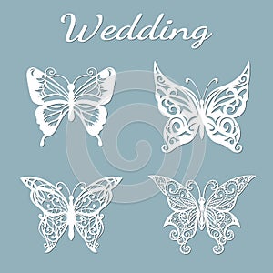Image with the inscription-wedding. Template with vector illustration of butterflies. For laser cutting, plotter and silkscreen pr photo