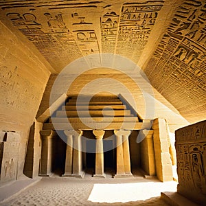 image of inside an ancient Egyptian with various artifacts on the ground and heliographs on the walls