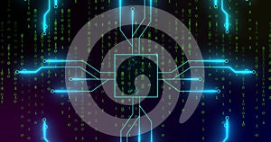 Image of integrated circuit over binary code on digital screen