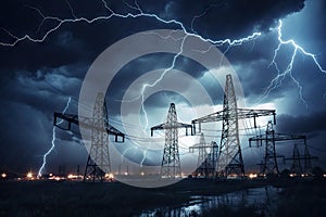 image of intense downpour, tempest with lightning and gloomy skies above electrical towers.by Generative AI