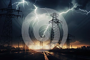 image of intense downpour, tempest with lightning and gloomy skies above electrical towers.by Generative AI