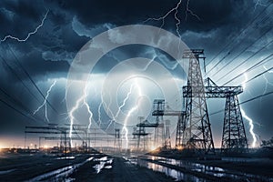 image of intense downpour, tempest with lightning and gloomy skies above electrical towers.by Generative AI