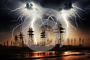 image of intense downpour, tempest with lightning and gloomy skies above electrical towers.by Generative AI