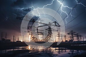 image of intense downpour, tempest with lightning and gloomy skies above electrical towers.by Generative AI