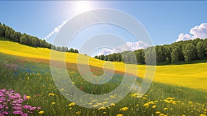 An Image Of An Interestingly Vivid Field Of Flowers With A Sun In The Background AI Generative