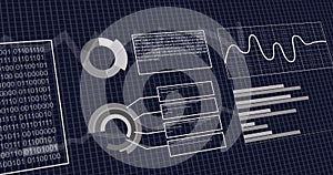 Image of interface with binary coding and statistical data processing against blue background