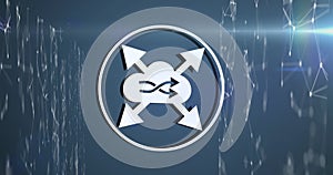 Image of interface with cloud and data sharing icons over networks and data processing