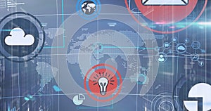 Image of interface with cloud and data sharing icons over world map and data processing