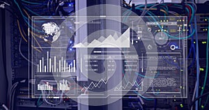 Image of interface with data processing against close up of a computer server