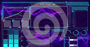 Image of interface with data processing and digital wave against purple background
