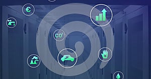 Image of interface with data processing and multiple digital icons against computer server room