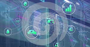 Image of interface with data processing and multiple digital icons against computer server room