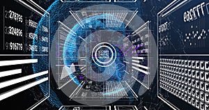 Image of interface with data processing over globe and network of connections on blue background