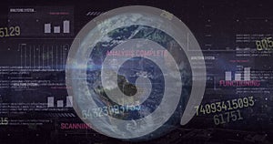 Image of interface with data processing over spinning globe against black background