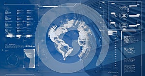 Image of interface with data processing and spinning globe over low angle view of tall building