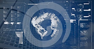 Image of interface with data processing and spinning globe over low angle view of tall building