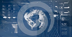 Image of interface with data processing and spinning globe over low angle view of tall building