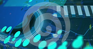 Image of interface with round scanner and data processing against close up of computer server