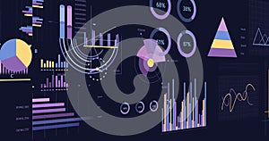 Image of interface with round scanners and statistical data processing against blue background