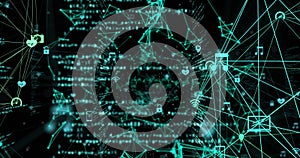 Image of interface showing network of connected media icons and information on black photo