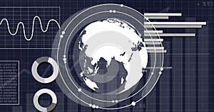 Image of interface with spinning globe and statistical data processing against blue background