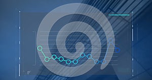 Image of interface with statistical data processing against low angle view of tall building