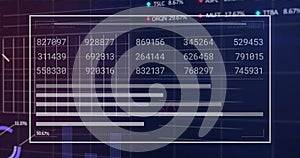 Image of interface with statistical and stock market data processing against blue background