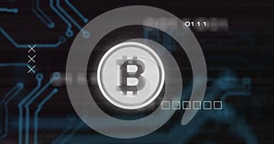Image of interference over bitcoin symbol, data processing and computer circuit board