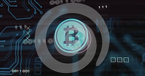 Image of interference over bitcoin symbol, data processing and computer circuit board