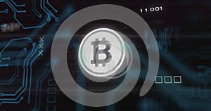 Image of interference over bitcoin symbol, data processing and computer circuit board