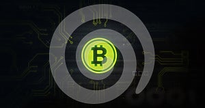 Image of interference over bitcoin symbol, data processing and computer circuit board