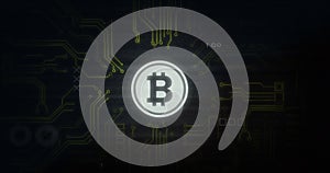 Image of interference over bitcoin symbol, data processing and computer circuit board