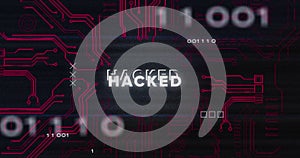 Image of interference over hacked text, data processing and computer circuit board