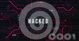 Image of interference over hacked text, data processing and computer circuit board