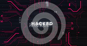 Image of interference over hacked text, data processing and computer circuit board