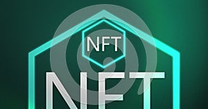 Image of interference over nft text in neon hexagon on blue background