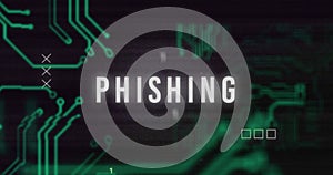 Image of interference over phishing text, data processing and computer circuit board