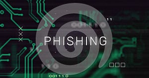 Image of interference over phishing text, data processing and computer circuit board
