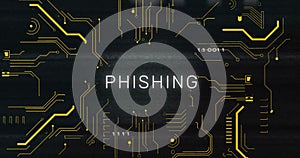 Image of interference over phishing text, data processing and computer circuit board