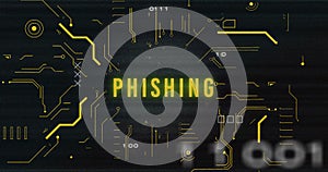 Image of interference over phishing text, data processing and computer circuit board