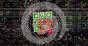 Image of interference over qr code, computer circuit board and data processing