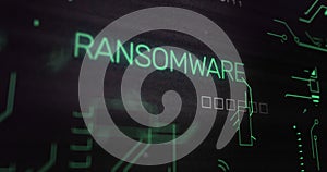 Image of interference over ransomware text, data processing and computer circuit board