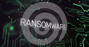 Image of interference over ransomware text, data processing and computer circuit board