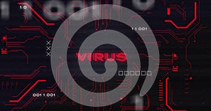 Image of interference over virus text, data processing and computer circuit board