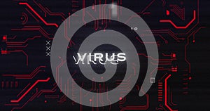 Image of interference over virus text, data processing and computer circuit board